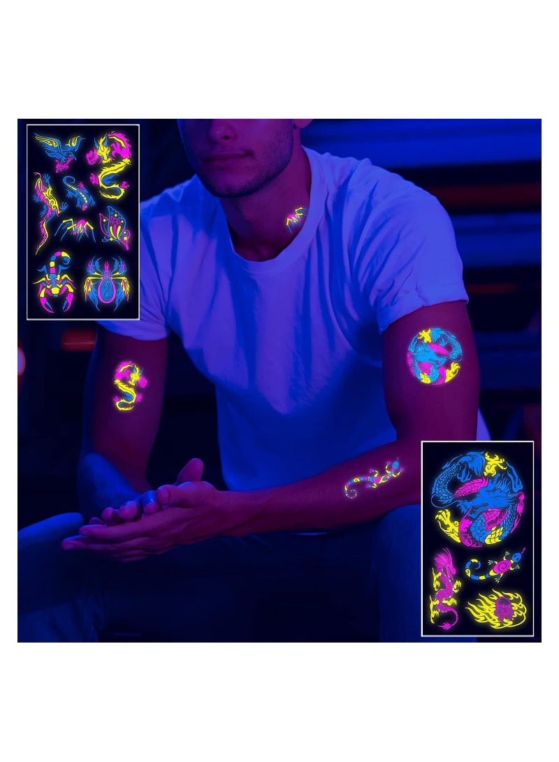 SOLARAE 10 أوراق من الوشم المؤقت النيون يتلألأ في الأشعة فوق البنفسجية ملصقات الوشم النيون 61 نمط لامع تنين عقرب عنكبوت وشوم مزيفة رائعة مقاومة للماء للرجال والنساء لتزيين الحفلات - Image 2
