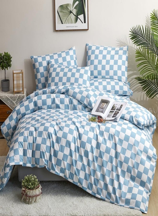 CLOTHKNOW Blue White Plaid Twin Comforter Set Grid Bedding Comforter Sets Soft Light Blue Comforter Sets Twin with 2 x Pillow Cases - Image 1