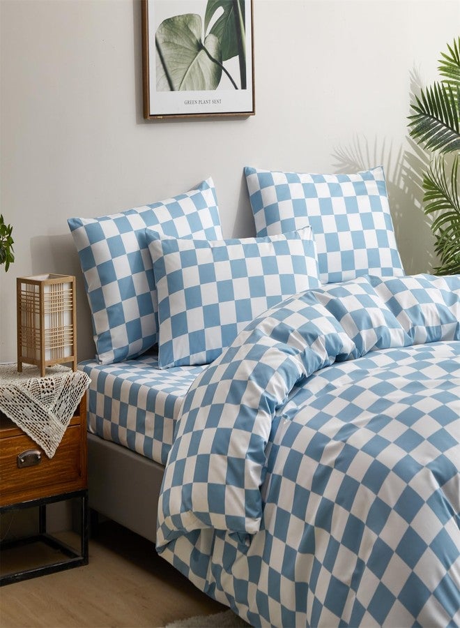 CLOTHKNOW Blue White Plaid Twin Comforter Set Grid Bedding Comforter Sets Soft Light Blue Comforter Sets Twin with 2 x Pillow Cases - Image 2
