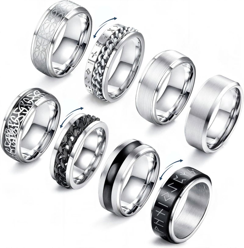 JeryWe 8 Pcs Stainless Steel Rings for Men High Polished Mens Band Wedding Engagement Fidget Rings Vintage Spinning Ring Size 7-13 - Image 1
