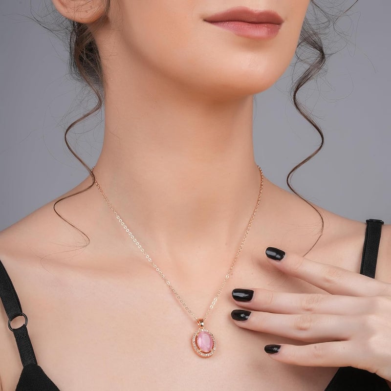 STYOLLO Stylish Rose Gold-Pendant Necklace Jewellery For Women & Girls with Oval Crystal & Amercian Diamonds | Elegant Girls Necklace Aesthetic Traditional | Valentine, Birthday Gift- Set of 1 - Image 2