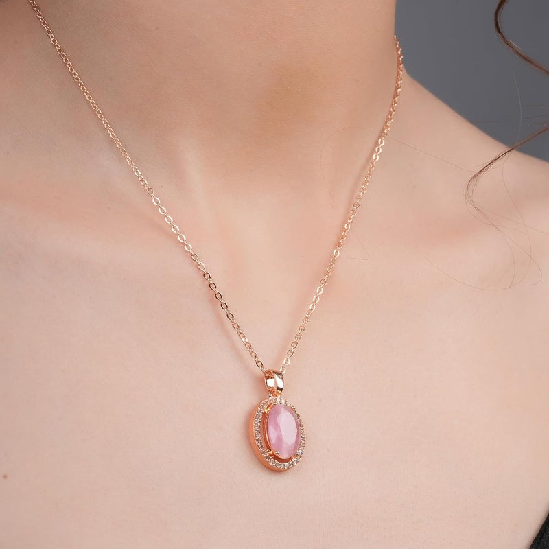 STYOLLO Stylish Rose Gold-Pendant Necklace Jewellery For Women & Girls with Oval Crystal & Amercian Diamonds | Elegant Girls Necklace Aesthetic Traditional | Valentine, Birthday Gift- Set of 1 - Image 4