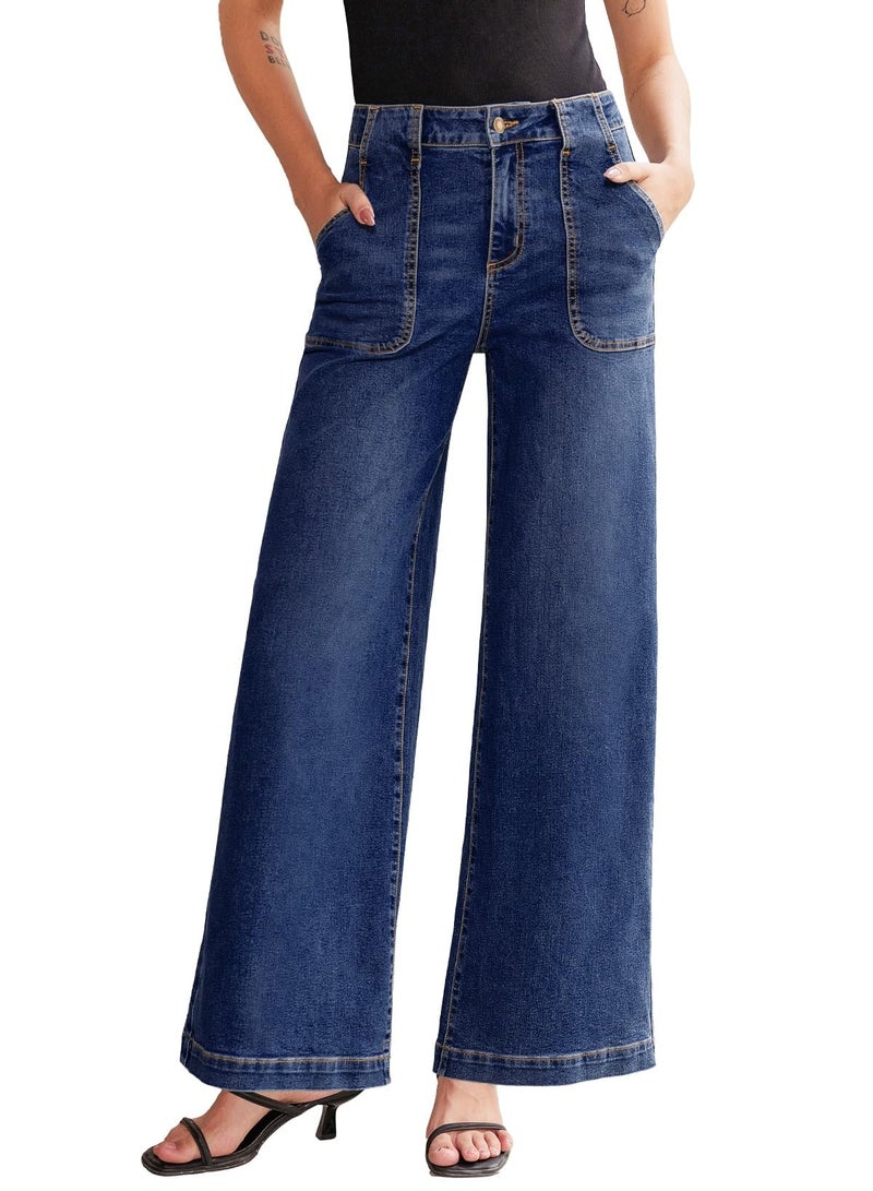 Sidefeel Womens Wide Leg Jeans High Waisted Stretchy Straight Leg Baggy Denim Pants with Pockets Bluing Size 14 - Image 1