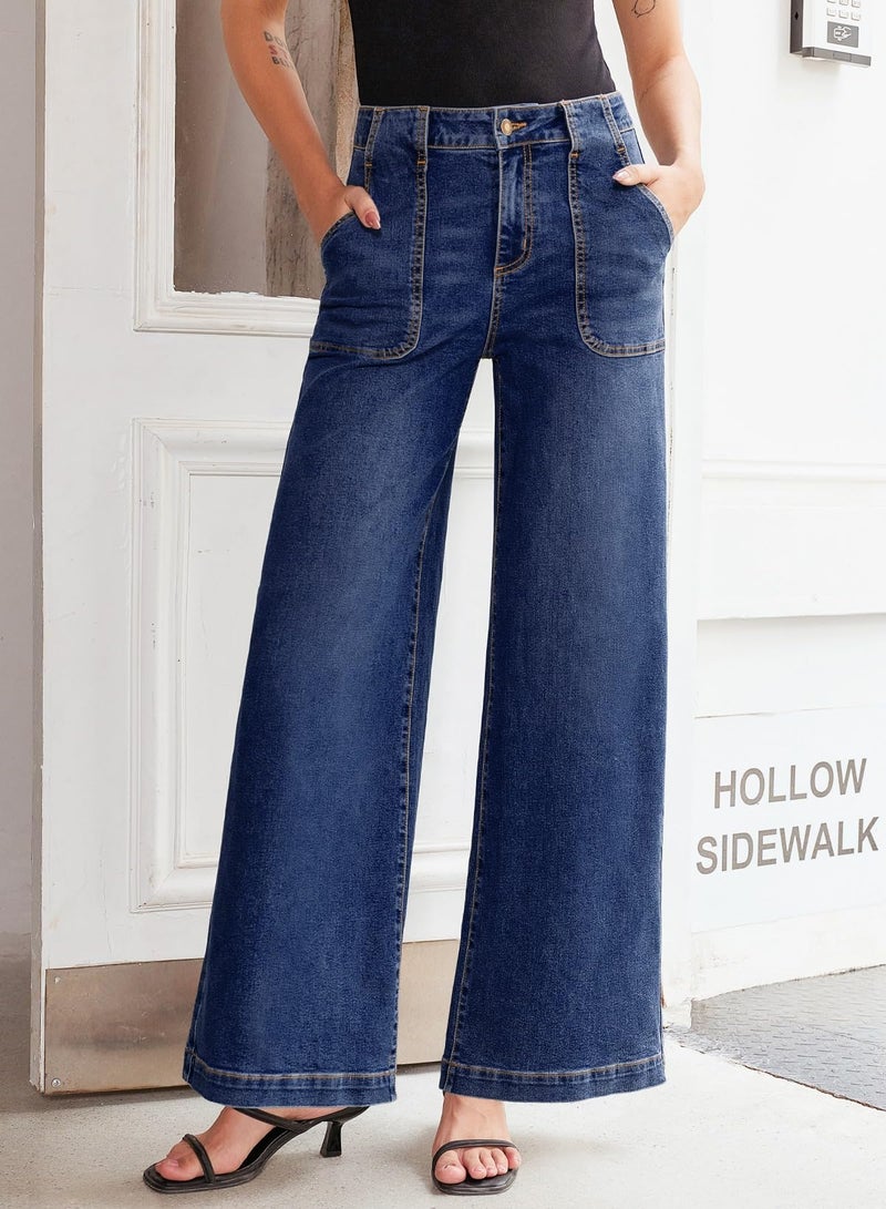Sidefeel Womens Wide Leg Jeans High Waisted Stretchy Straight Leg Baggy Denim Pants with Pockets Bluing Size 14 - Image 3