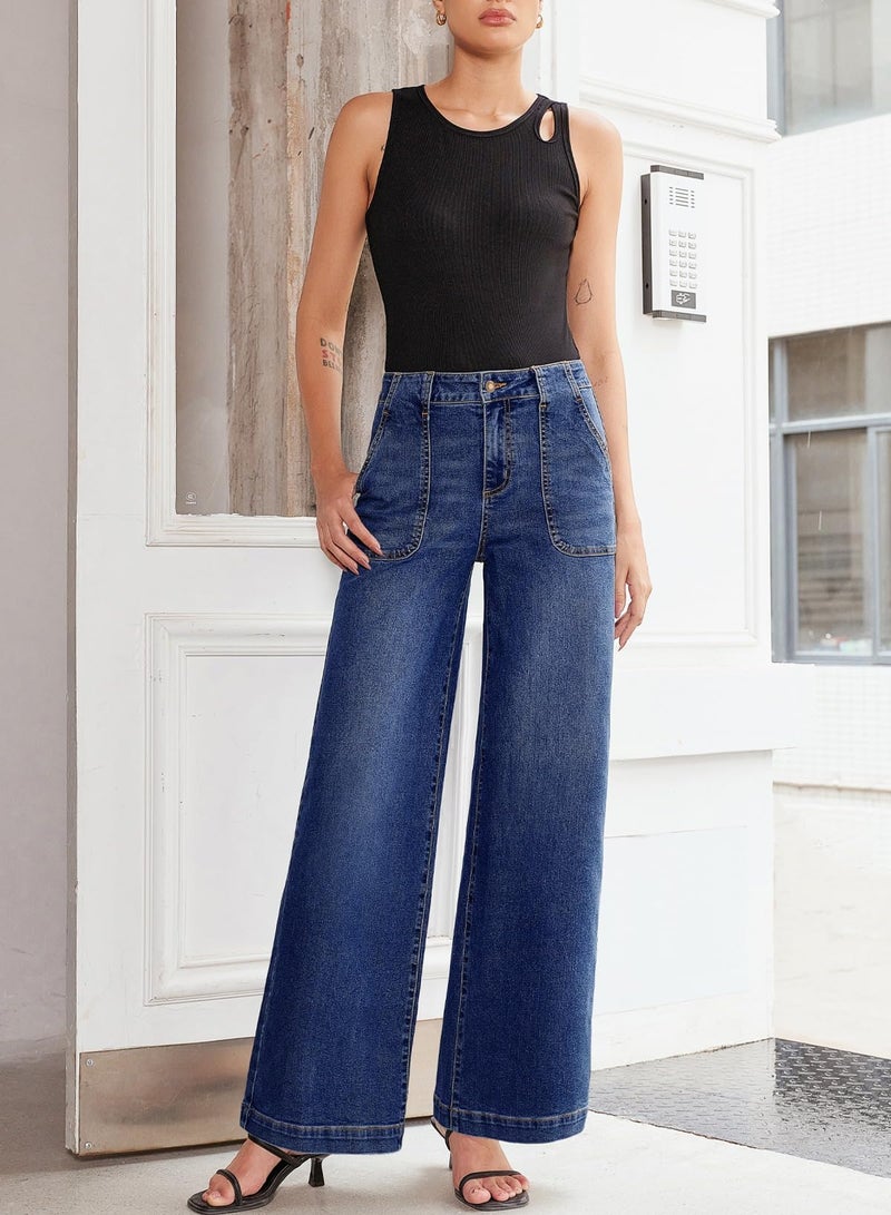 Sidefeel Womens Wide Leg Jeans High Waisted Stretchy Straight Leg Baggy Denim Pants with Pockets Bluing Size 14 - Image 4