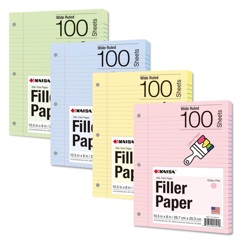 Kaisa Filler Paper Colored Loose Leaf Paper, Wide Ruled 8X10.5In Colored Paper, 3-Hole Punched For 3-Ring Binders,100Sheets/Pack 4Packs, Fc10001W - Image 1
