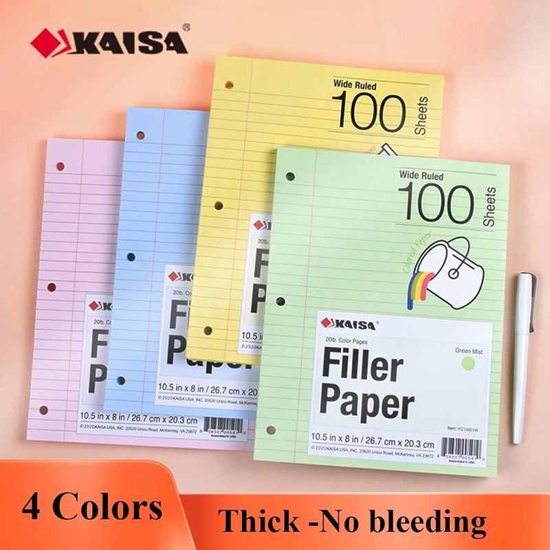 Kaisa Filler Paper Colored Loose Leaf Paper, Wide Ruled 8X10.5In Colored Paper, 3-Hole Punched For 3-Ring Binders,100Sheets/Pack 4Packs, Fc10001W - Image 3