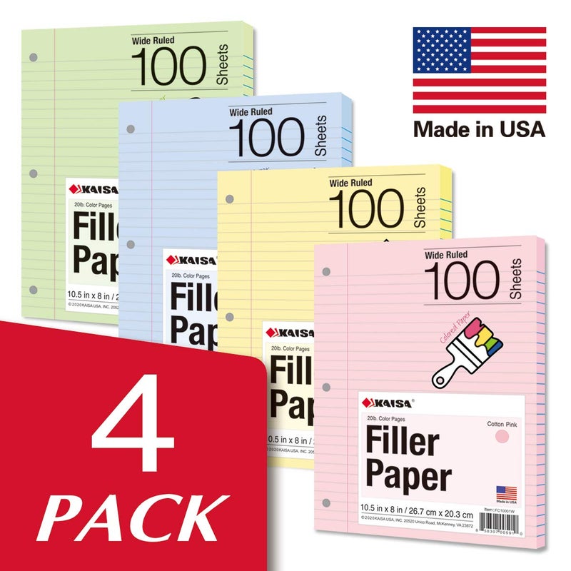Kaisa Filler Paper Colored Loose Leaf Paper, Wide Ruled 8X10.5In Colored Paper, 3-Hole Punched For 3-Ring Binders,100Sheets/Pack 4Packs, Fc10001W - Image 2