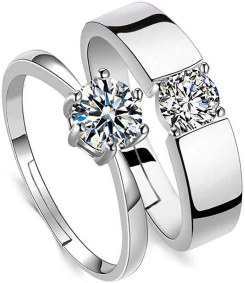 MEENAZ Couple Finger Ring Combo for women girls Men Boys girlfriend lovers CZ AD Solitaire Rings Proposal American diamond Stylish Valentine Gifts Platinum Silver Love Heart Single Adjustable CFRM164 - Image 1
