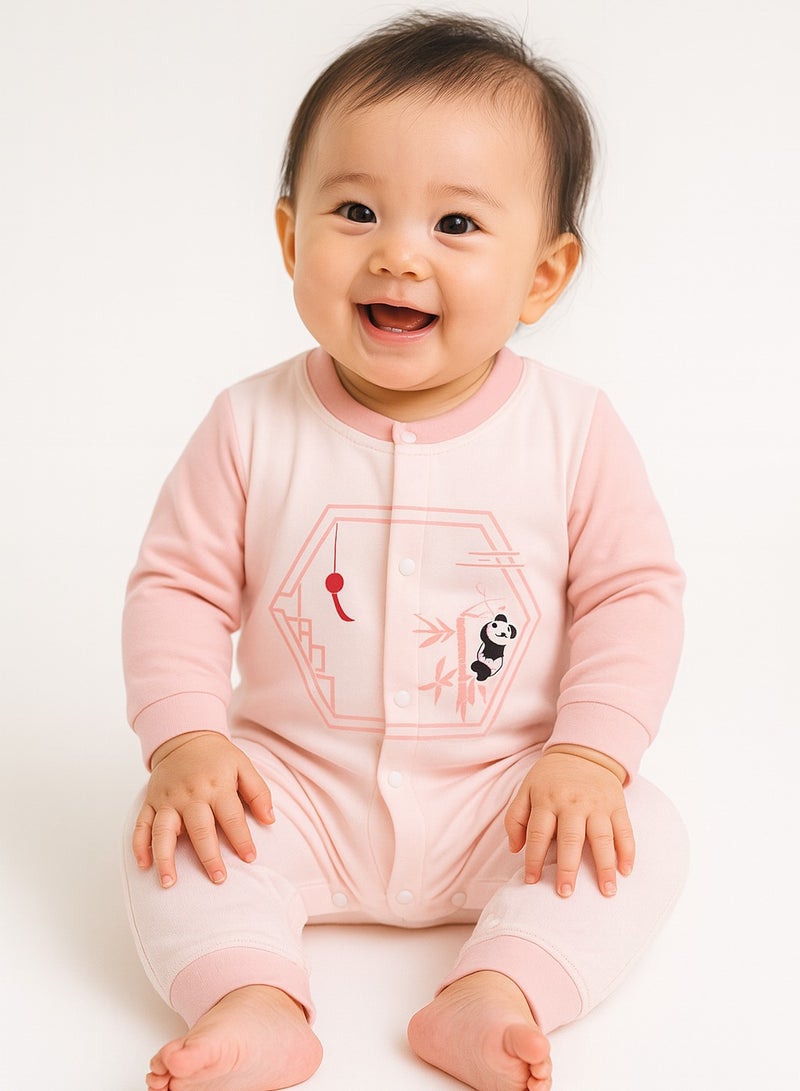Baby Jumpsuit - Long Sleeve & Full-Length Cotton Blend Romper, Panda Print, Double Snap Front Closure - For 6–36 Months  - Image 1