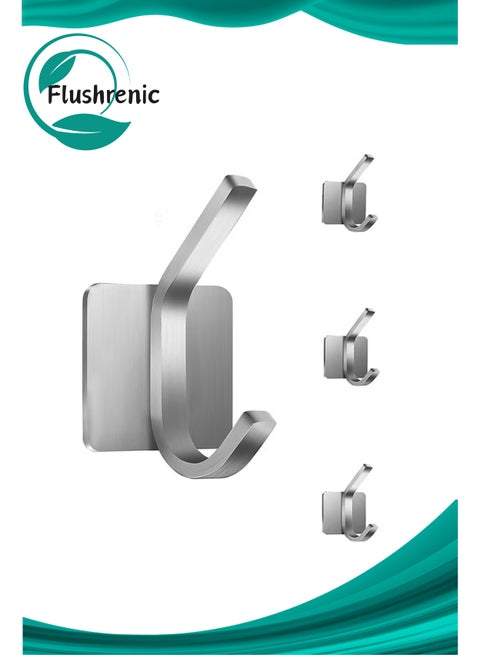 Self Adhesive Hooks 4 Pieces, Brushed Stainless Steel Adhesive Door Hooks, Heavy Duty Wall Hooks for Hanging Towels, Robes, Coats, Keys, Calendars Bathroom Home Kitchen, No Drill Glue Needed