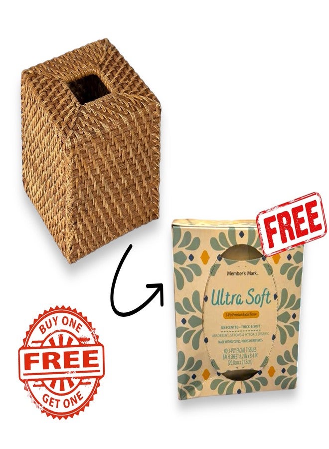 MadeTerra Woven Rattan Square Tissue Box Holder for Kitchen, Bathroom, Car | Decorative Wicker Refillable Facial Paper Napkin Dispenser Holder | Square Rattan Tissue Box with FREE Tissue Box (Natural) - Image 2