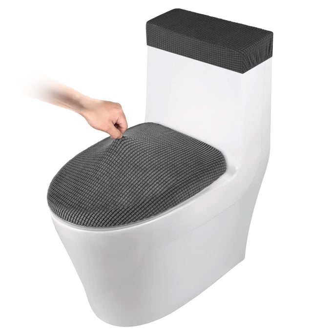 TOILET LID COVER AND TOILET TANK COVER STRETCH TOILET COVERS SET FOR BATHROOM POLYESTER SPANDEX JACQUARD FABRIC MACHINE WASHABLE WITH ELASTIC BOTTOM GRAY