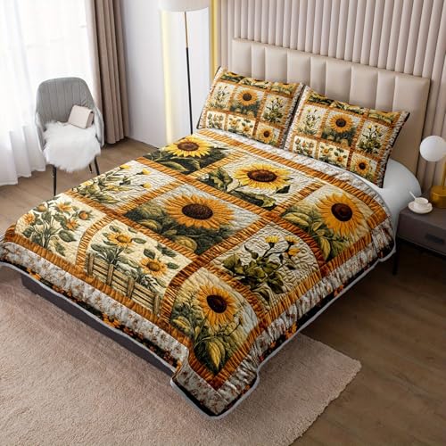 Tuzaovy Sunflower Patchwork Quilt Bedding Set Queen Size for Girls and KidsSunflower Field Bedspread Sets Rustic Farmhouse Bedroom DecorYellow Flowers Bed Cover Queen for Boys Girls Room Decor - Image 3