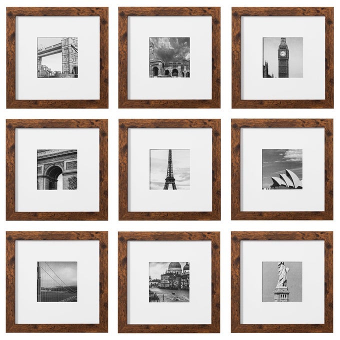 8X8 PICTURE FRAMES SET OF 9 CLASSIC GALLERY WALL FRAME SET DISPLAYS 4X4 PHOTO WITH MAT OR 8X8 WITHOUT MAT SQUARE PICTURE FRAMES COLLAGE WALL DECOR RUSTIC BROWN MODERN HOME DECOR FOR