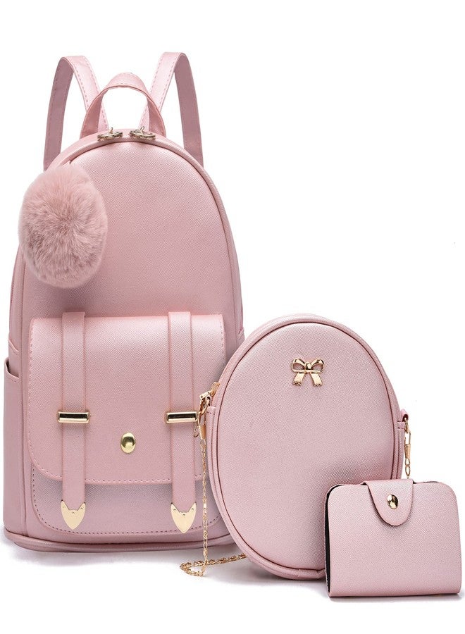 IHAYNER I IHAYNER Mini Leather Backpack Purse for Teen Girls 3-Pieces Fashion Backpack Cute Travel Daypacks Women Pompom Backpack Shoulder Bag Gold Pink - Image 1