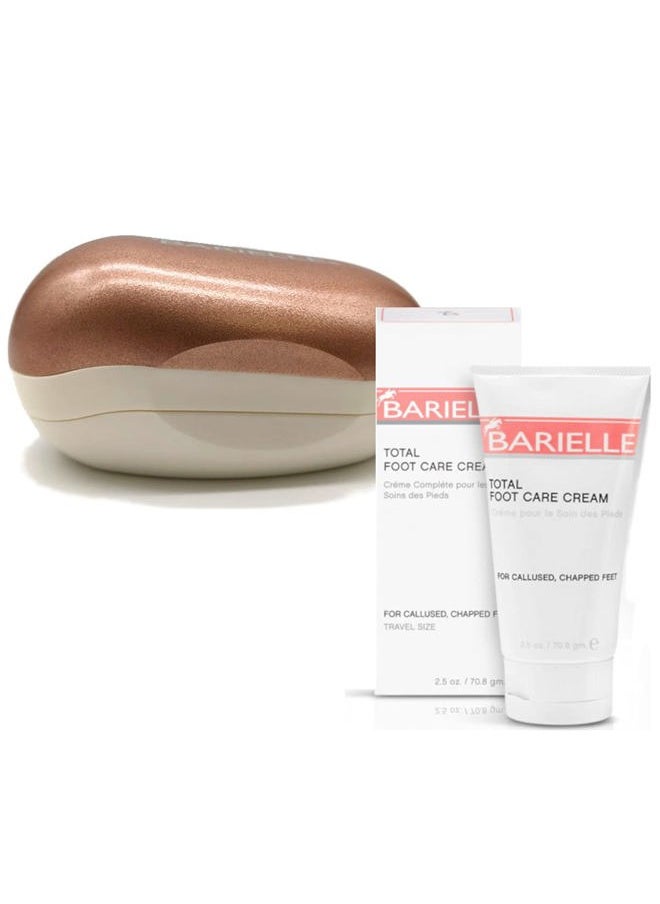 BARIELLE - Portable Oval Gold & White Clamshell Foot File/Foot Rasp with 2.5oz Total Care Foot Cream 2-PC Foot Care Set - Image 1