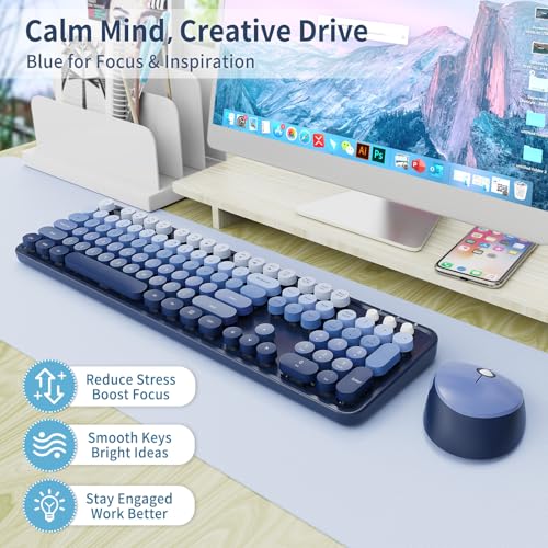 Nowlike Wireless Keyboard and Mouse Combo, Retro Typewriter Keyboard with Round Keycaps, Full-Size Ergonomic, Blue, Ideal for Windows PC, Home, Office, and College, Wireless Keyboard Mouse Combo - Image 2