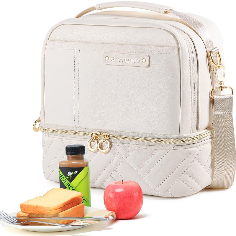 GLORIEROO Double Deck Lunch Box Bag Women - Vegan Leather Insulated Waterproof Leakproof Cooler for Work Travel Picnics - Teacher Mothers Day Christmas Birthday Gifts - Image 1