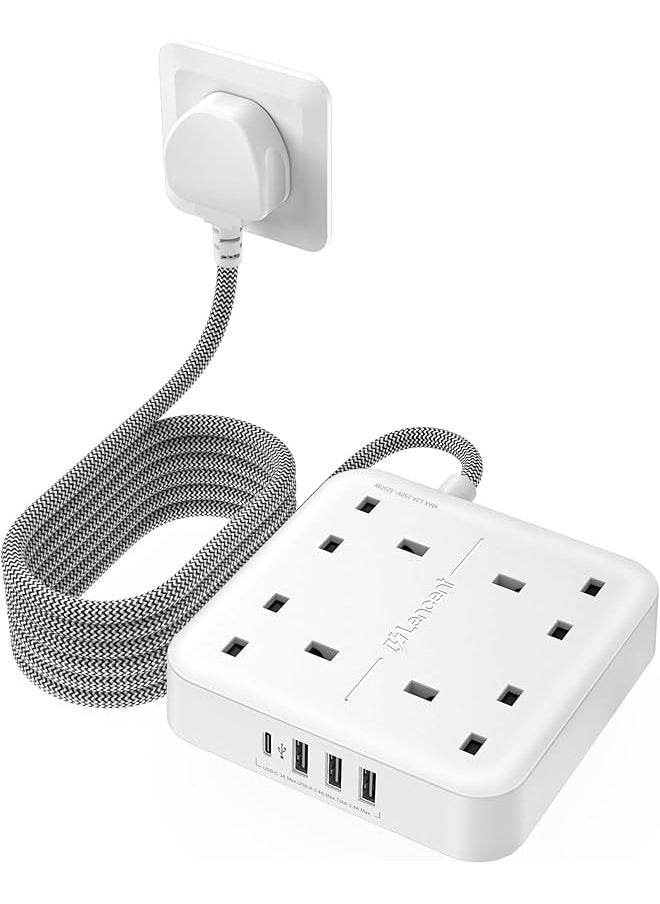 Lencent LENCENT Extension Lead with USB C Port, 4 Way Outlets Power Strip with 4 USB Ports (3.4A, 1 Type C and 3 USB-A Ports) Multi Plug Charging Station with 3M Braided Extension cord for Home Office 3250W  - Image 1