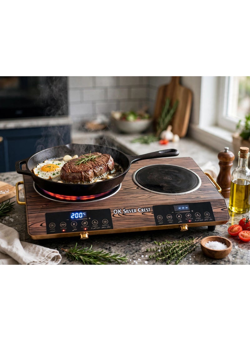 Silver Crest Double Infrared Ceramic Cooktop Cook conveniently using two spacious ceramic heating plates that provide consistent heat distribution, adjustable controls, energy-efficient performance, and a contemporary finish suitable for modern kitchens and households. - Image 1