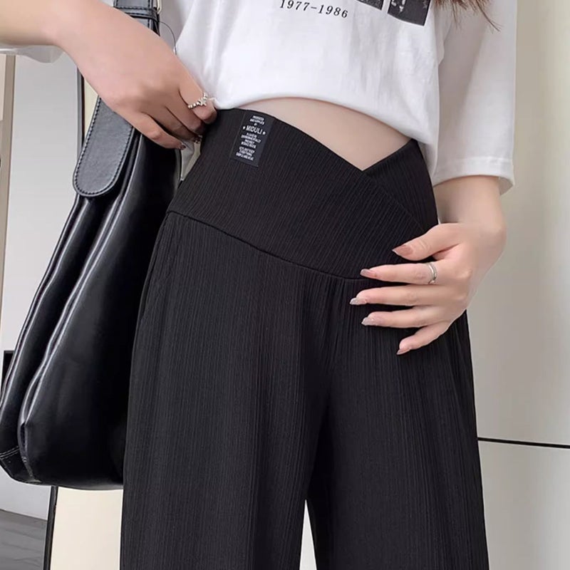 Maternity Low-Waist Wide-Leg Pants for Petite Spring Autumn Apricot  - Image 5