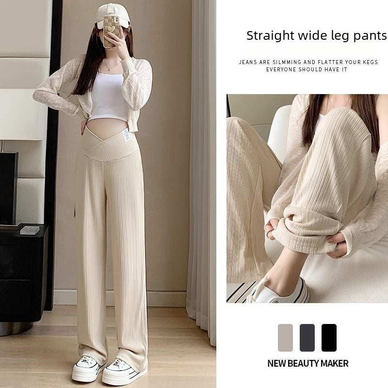 Maternity Low-Waist Wide-Leg Pants for Petite Spring Autumn Apricot  - Image 3