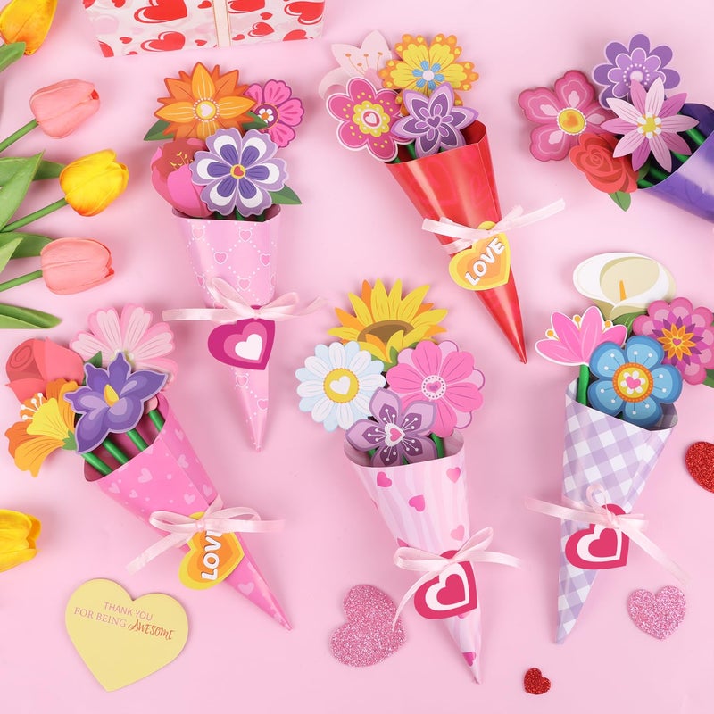 CCINEE 24 Sets Valentine Day Paper Flower Bouquet Crafts Kits, Make Your Own Pink Flower Bouquet Paper DIY Kits for Mother's Day Valentines Day Teacher Appreciation Gifts School Activity - Image 5