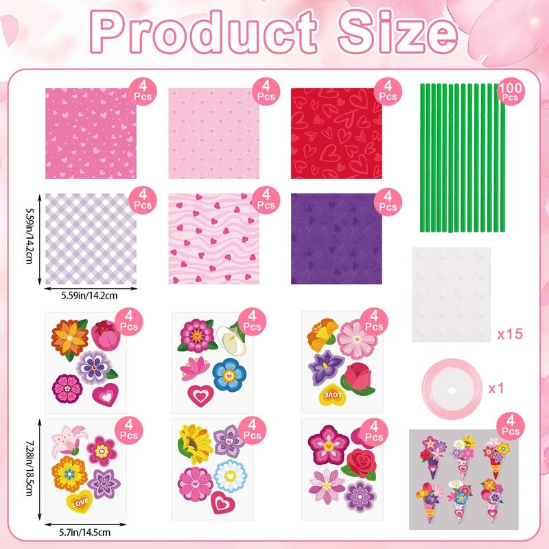 CCINEE 24 Sets Valentine Day Paper Flower Bouquet Crafts Kits, Make Your Own Pink Flower Bouquet Paper DIY Kits for Mother's Day Valentines Day Teacher Appreciation Gifts School Activity - Image 2