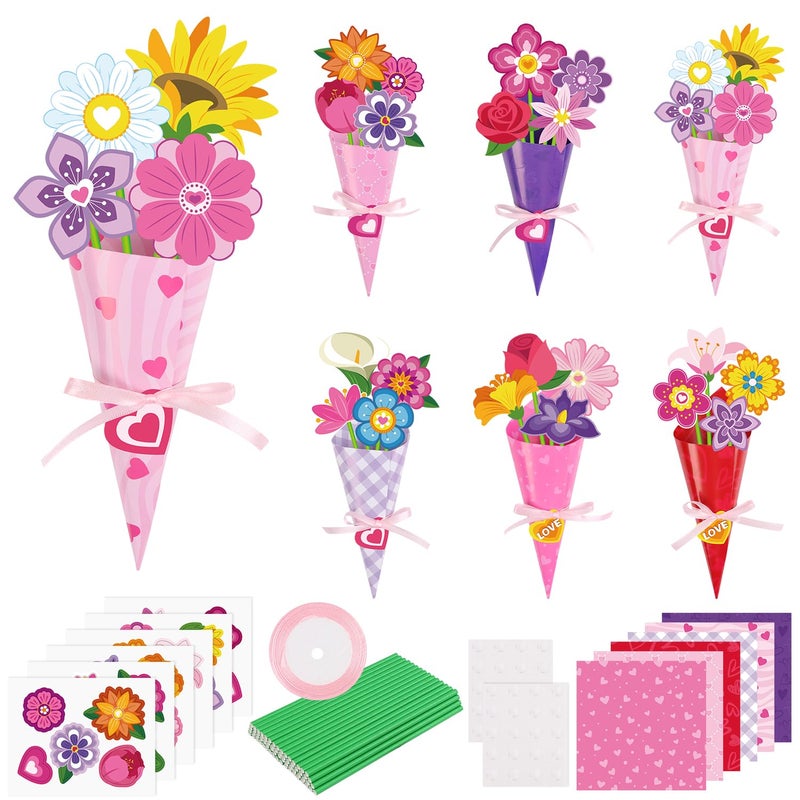CCINEE 24 Sets Valentine Day Paper Flower Bouquet Crafts Kits, Make Your Own Pink Flower Bouquet Paper DIY Kits for Mother's Day Valentines Day Teacher Appreciation Gifts School Activity - Image 1