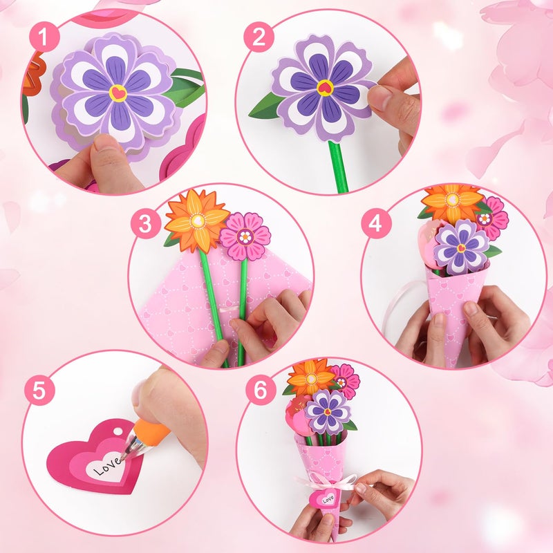 CCINEE 24 Sets Valentine Day Paper Flower Bouquet Crafts Kits, Make Your Own Pink Flower Bouquet Paper DIY Kits for Mother's Day Valentines Day Teacher Appreciation Gifts School Activity - Image 3