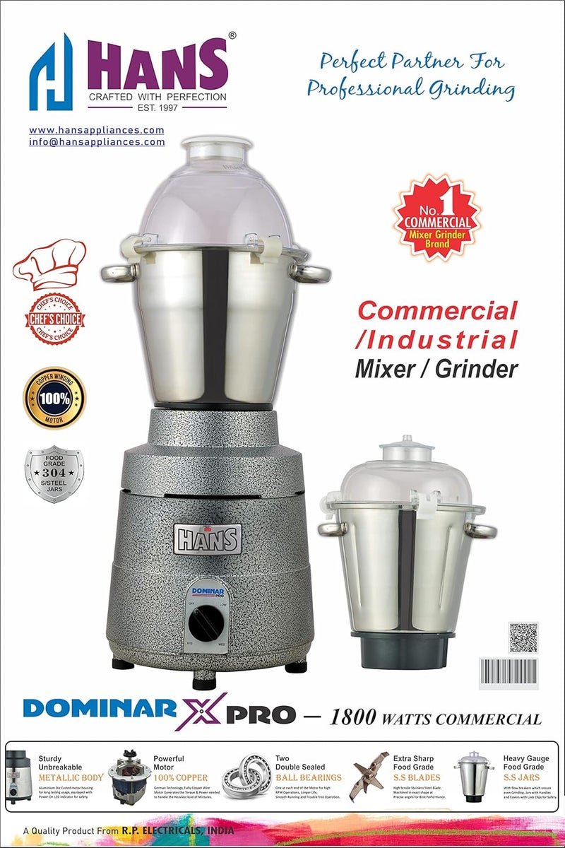 Hans HANS Dominar X Pro 1800 Watts 2.5 HP Commercial Mixer Grinder With 2 Jar Heavy Duty Black Grey  - Image 4