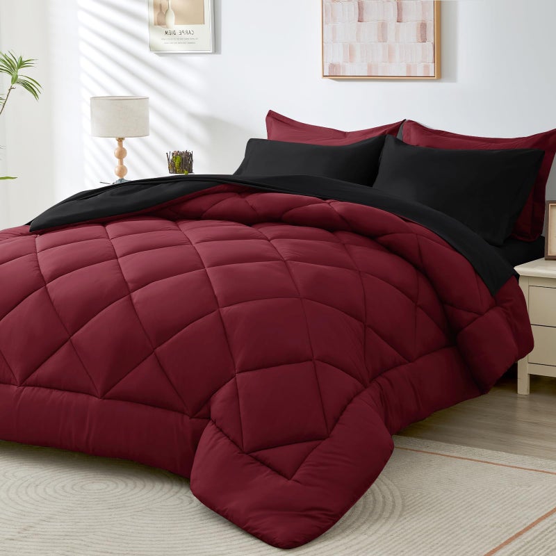 HEVUMYI Red  Black King Comforter Set  7Piece All Season Bed in a Bag King Ultra Soft Burgundy Bedding Set with Comforter Flat Sheet Fitted Sheet Pillowcases Pillow Shams Burgundy Red  Black