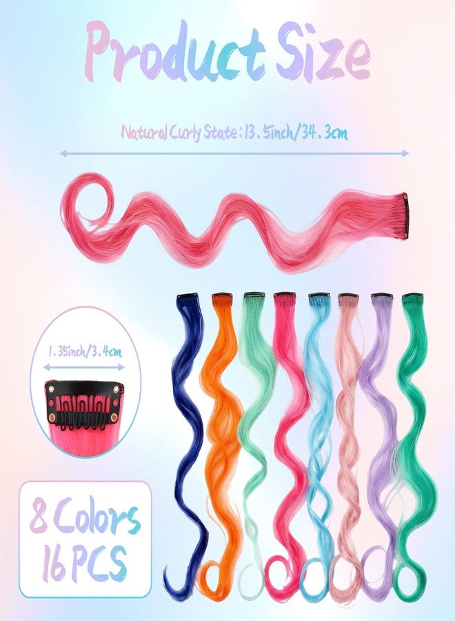 LUSTRIB 16 Pcs Colored Hair Extensions, Curly Wavy Synthetic Hair Highlights, Clip in Colorful Hair Extensions for Parties, Cosplay, Crazy Hair Day (8 Colors) - Image 2