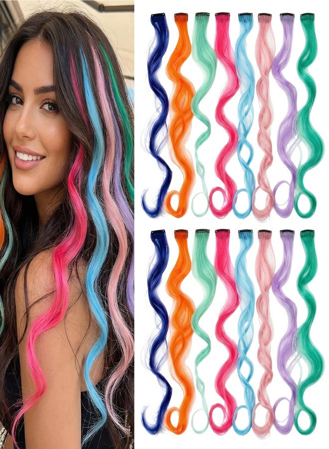 LUSTRIB 16 Pcs Colored Hair Extensions, Curly Wavy Synthetic Hair Highlights, Clip in Colorful Hair Extensions for Parties, Cosplay, Crazy Hair Day (8 Colors) - Image 1