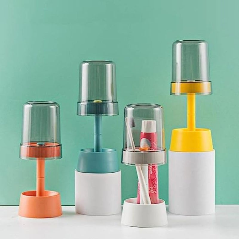karomouj Plastic Kma618 2 In 1 Toothbrush Holders Toothbrush Organizer Multifunctional Toothpaste Stand With 3 Compartments&Cover, For Easy Bathroom Storage (Multicolor, Pack Of 1) - Image 1