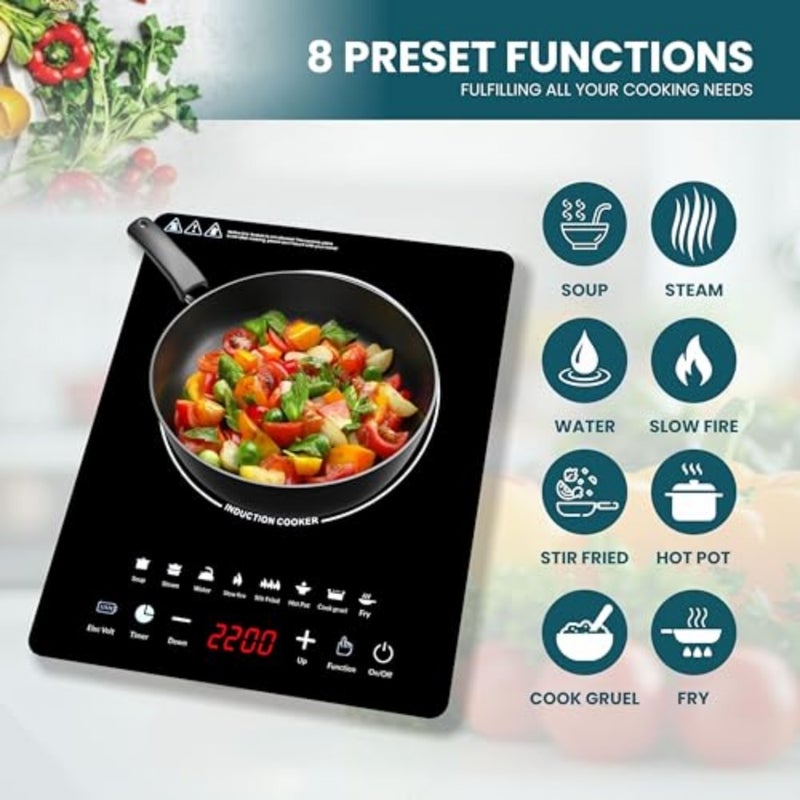 2200W Electric Induction Cooker Portable Infrared Stove with Touch Control, LED Display, 20 Power Levels Timer Fast Heating Glass Top Cooktop for Home, Office Travel - Image 3