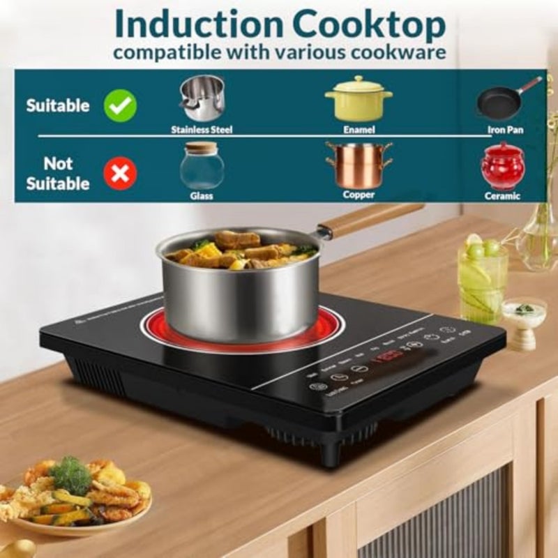 2200W Electric Induction Cooker Portable Infrared Stove with Touch Control, LED Display, 20 Power Levels Timer Fast Heating Glass Top Cooktop for Home, Office Travel - Image 2