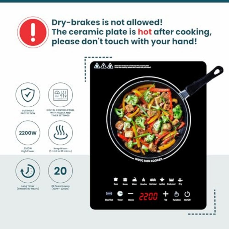 2200W Electric Induction Cooker Portable Infrared Stove with Touch Control, LED Display, 20 Power Levels Timer Fast Heating Glass Top Cooktop for Home, Office Travel - Image 5