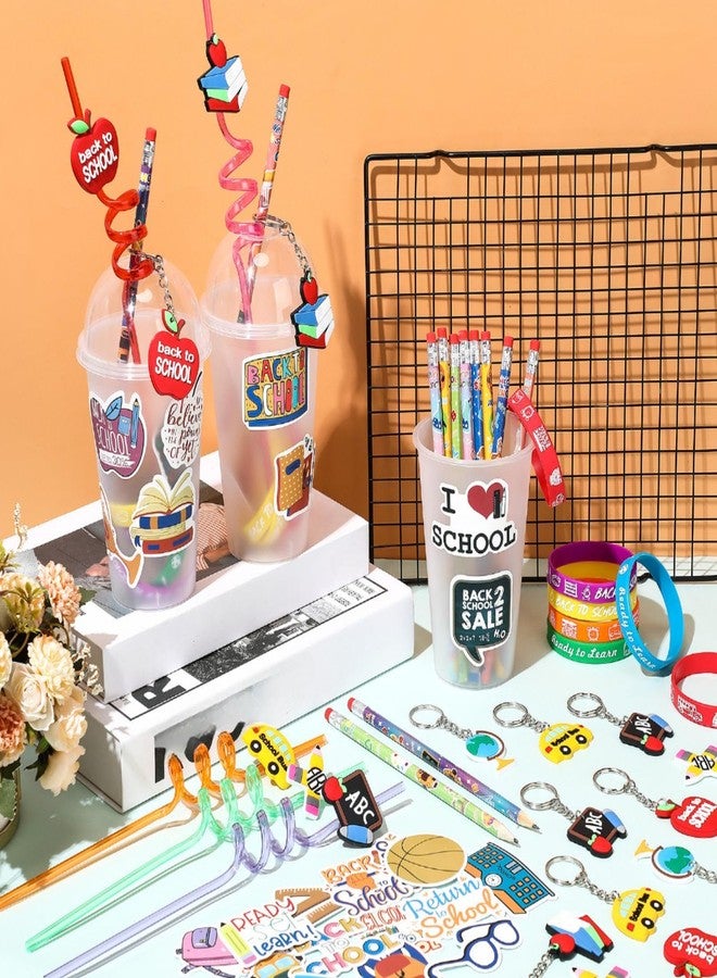 Seenelling 24 Set Back to School Gifts for Students First Day of School Party Favors Gift Cups Filler Keychain Pencil Straw Sticker Silicone Bracelet for Goodie Bag Fillers Party Favors Gifts - Image 2