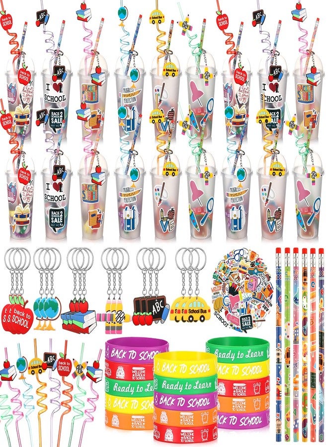 Seenelling 24 Set Back to School Gifts for Students First Day of School Party Favors Gift Cups Filler Keychain Pencil Straw Sticker Silicone Bracelet for Goodie Bag Fillers Party Favors Gifts - Image 1