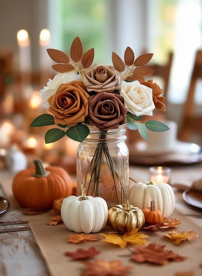 InnoGear Artificial Flowers, 50 Pcs Shades of Earth Tones Foam Fake Roses Bulk with Stems for Autumn Fall Decoration DIY Wedding Bouquets Centerpieces Bridal Shower Party Christmas Tree - Image 3