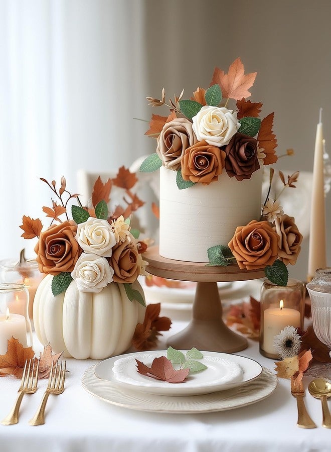 InnoGear Artificial Flowers, 50 Pcs Shades of Earth Tones Foam Fake Roses Bulk with Stems for Autumn Fall Decoration DIY Wedding Bouquets Centerpieces Bridal Shower Party Christmas Tree - Image 4