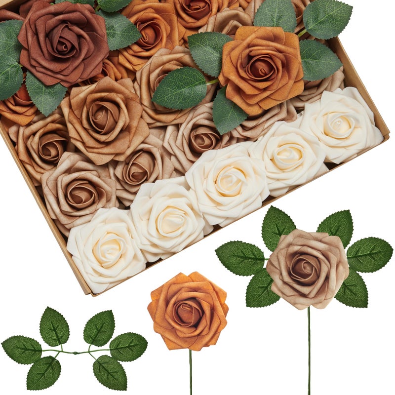 InnoGear Artificial Flowers, 50 Pcs Shades of Earth Tones Foam Fake Roses Bulk with Stems for Autumn Fall Decoration DIY Wedding Bouquets Centerpieces Bridal Shower Party Christmas Tree - Image 1