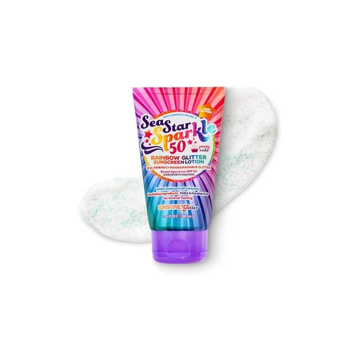 Sea Star Sparkle | Party Cake | Biodegradable Glitter Sunscreen SPF 50 for Kids | Rainbow | Broad Spectrum UVA/UVB | Water Resistant | Beach & Pool FUN SPF | Made in USA | Sunshine & Glitter