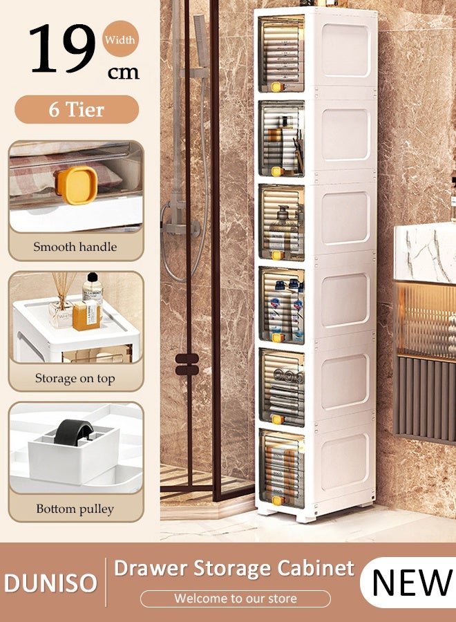 DUNISO 6-Tier Narrow Storage Cabinet,Bathroom Storage Organizer Unit with Clear Doors and Wheels, Multifunctional Plastic Organizer for Bathroom, Kitchen, Laundry - Image 1
