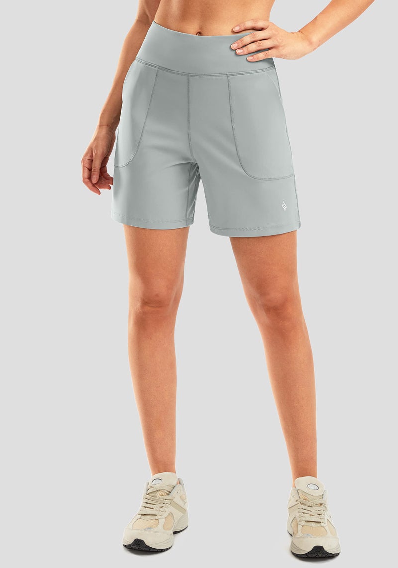 SANTINY Women's 6'' Athletic Long Shorts with 4 Pockets High Waisted Bermuda Shorts for Women Walking Running Casual (Bright Grey_XL) - Image 3