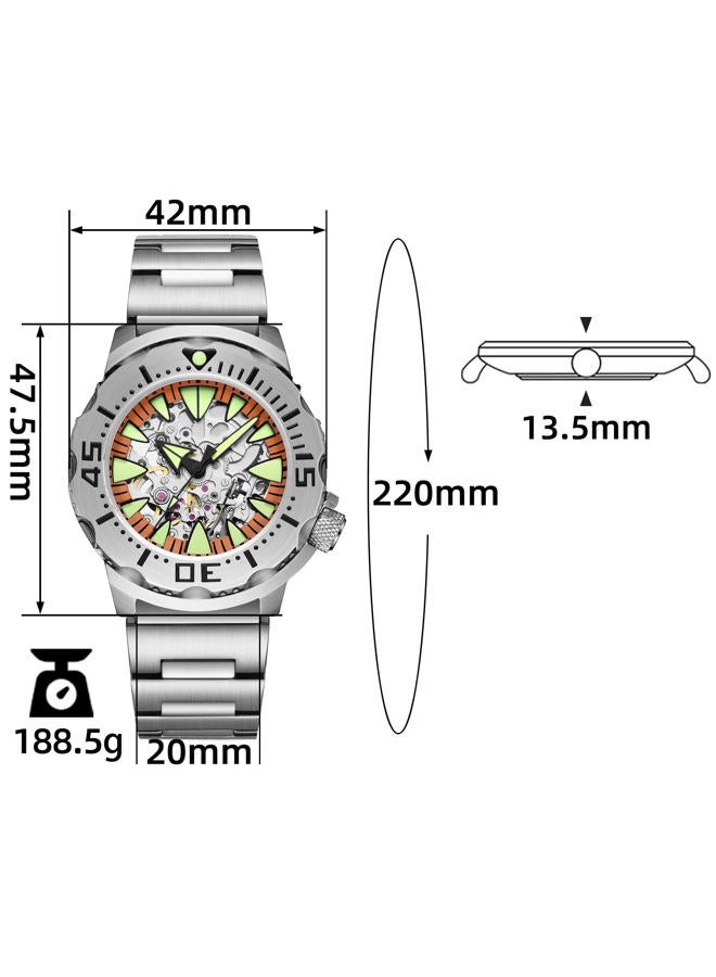 ADDIESDIVE ساعات أوتوماتيكية ذات هيكل عظام ذاتي التعبئة للرجال بقرص ميكانيكي فضي مقاوم للماء 200 م من الياقوت الصناعي، ساعة غوص تناظرية 2103-8N24orange - Image 2