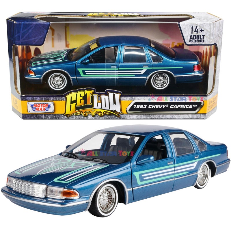 Motormax 1993 Chevrolet Chevy Caprice Lowrider 124 Diecast Model Blue wGraphics Get Low 79022 by All Star Toys