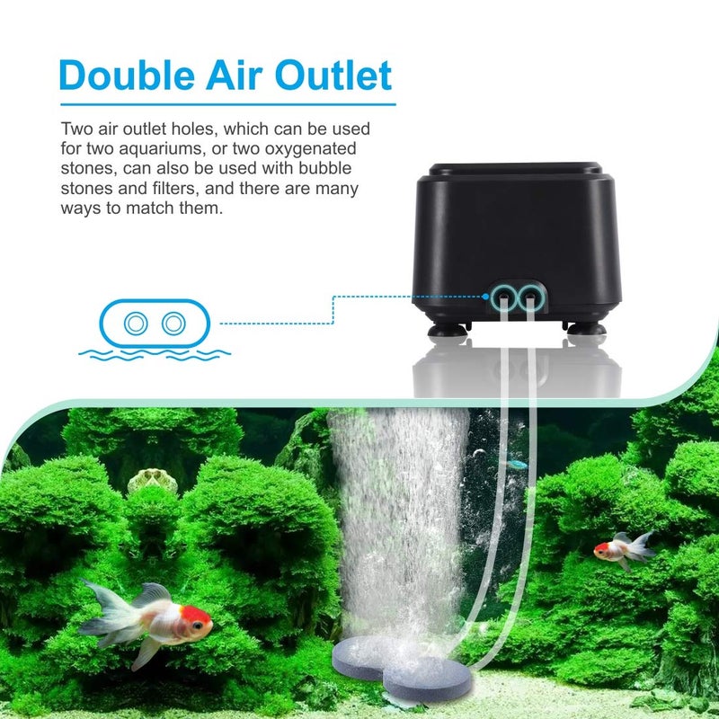 hygger Small Quietest Aquarium Air Pump, Adjustable Oxygen Pump 2 Air Outlets Ultra Silent Powerful Aerator Pump 160GPH 5W - Image 3